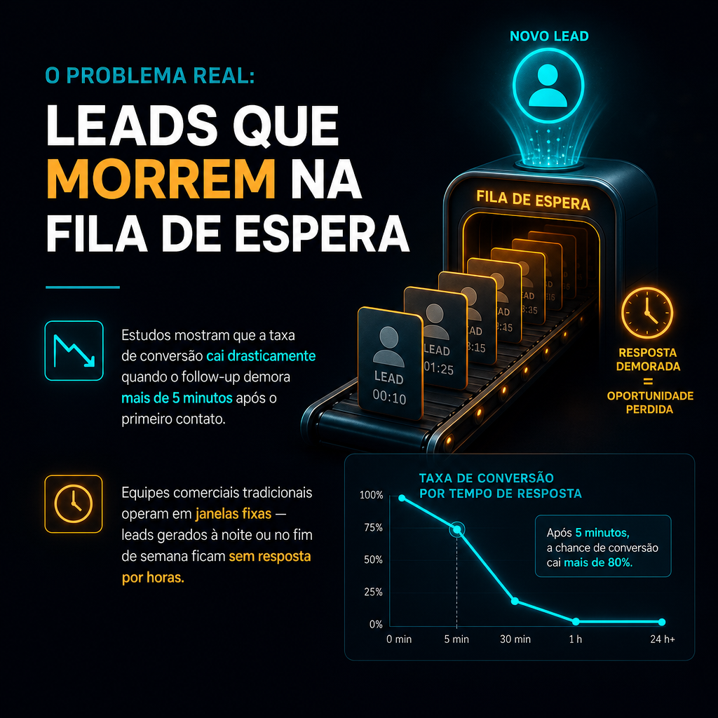 O Problema Real: Leads Que Morrem na Fila de Espera. Estudos mostram que a taxa de conversão cai drasticamente quando o follow-up demora mais de 5 minutos após o primeiro contato.. Equipes comerciais 